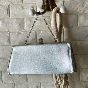 Vintage 1960s Metallic Silver Handbag with Top Handle Chain + Crown Latch Purse